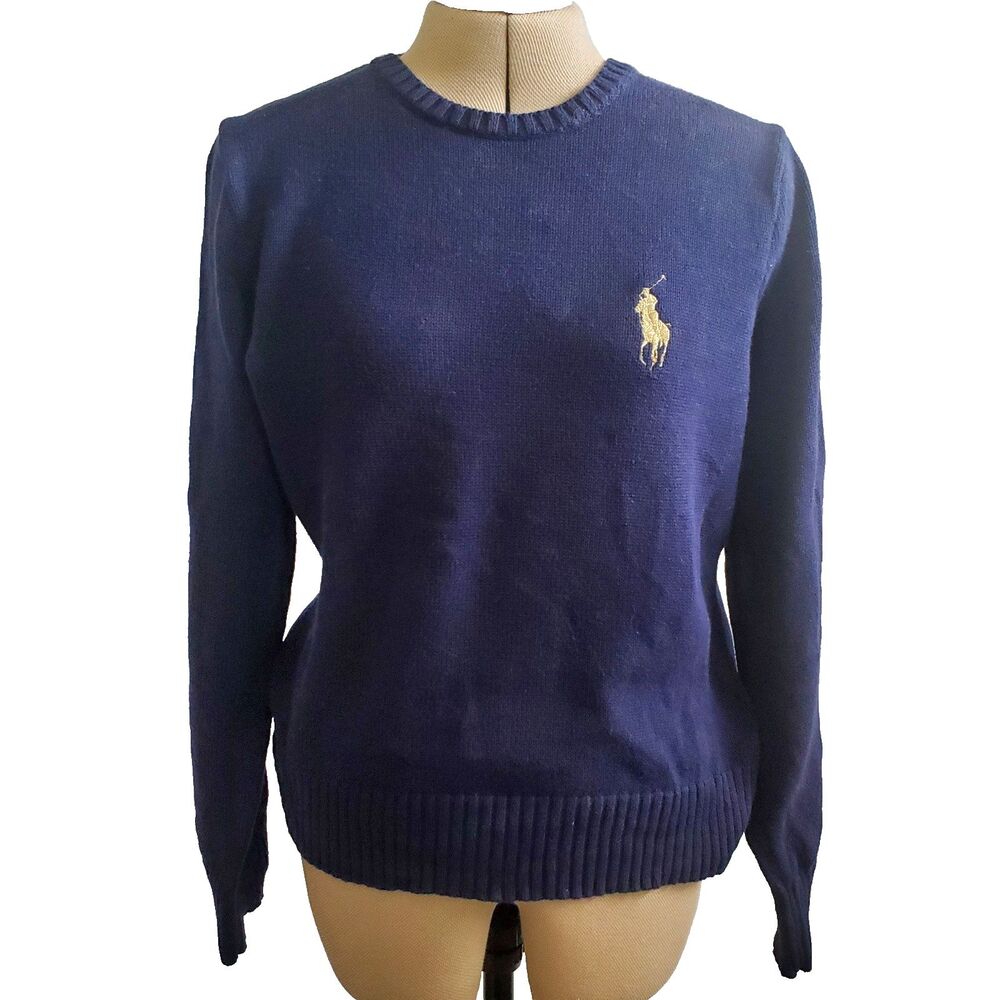 Ralph Lauren Women's Sweater Size XL Navy Gold Racing Stripe Cotton Pony Logo - Picture 2 of 6